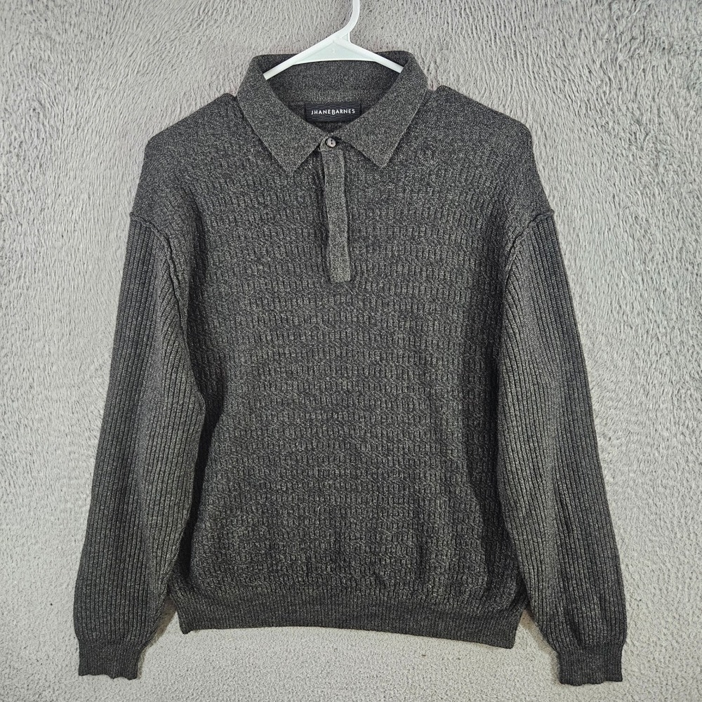 Jhane Barnes Mens‎ XL Gray Wool Blend Ribbed Knit Long Sleeve Polo Sweater